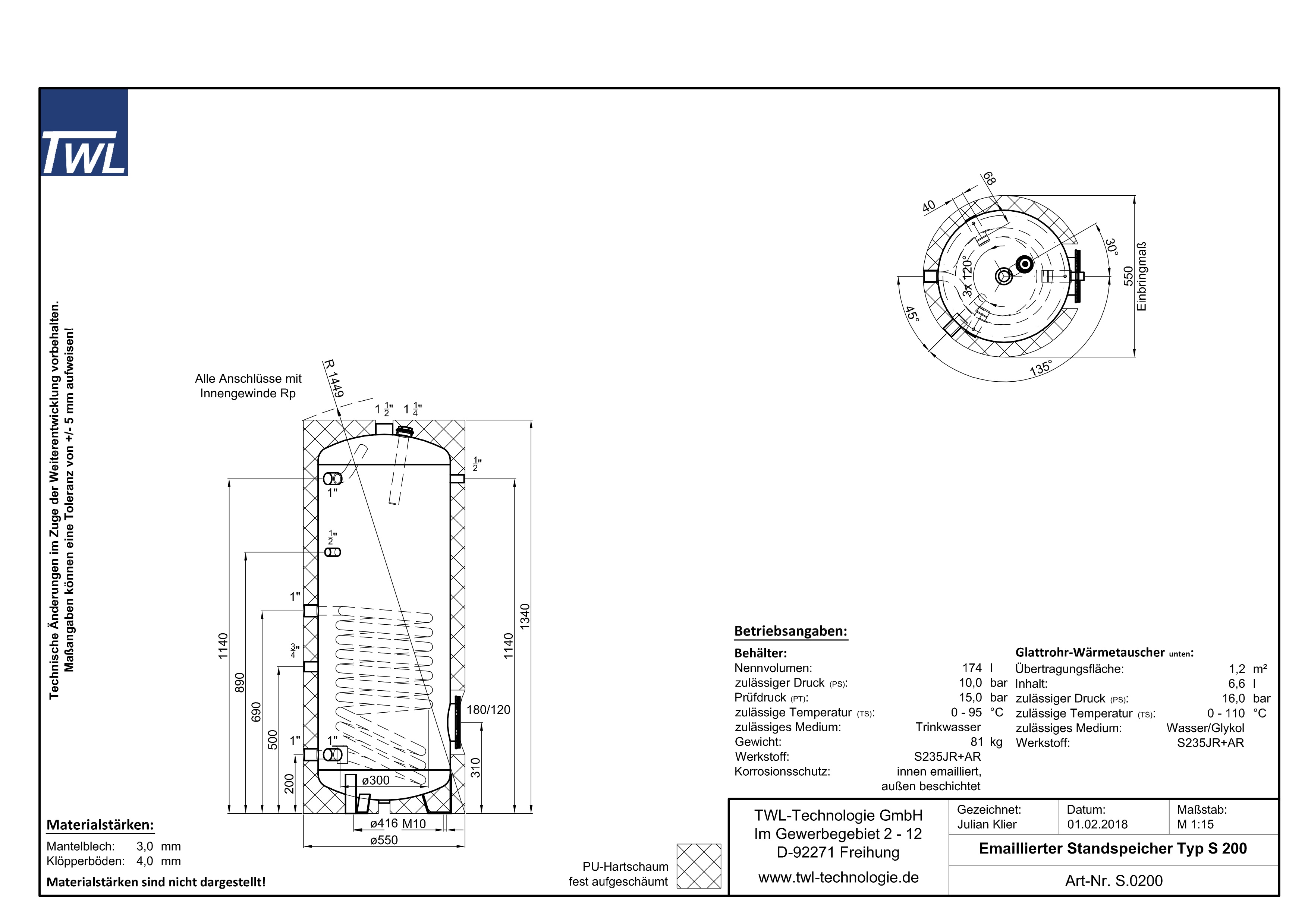 S-0200-datenblatt TWL Emaillierter Standspeicher 1x Wärmetauscher 200 Liter EEK-B Warmwasserspeicher