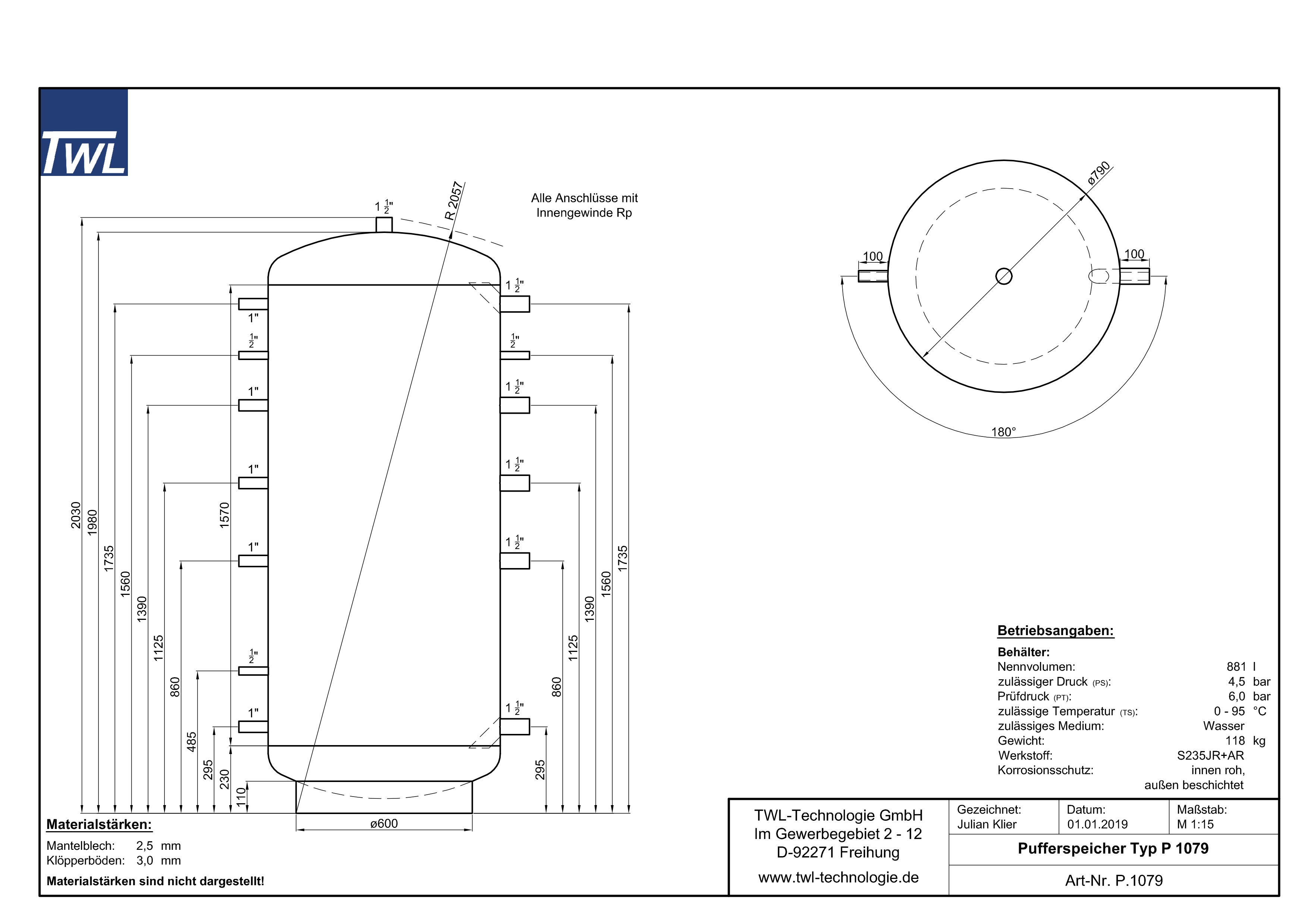 TWL Pufferspeicher P 1000 Liter - ÖkoLine-B Isolierung - Ø 79cm