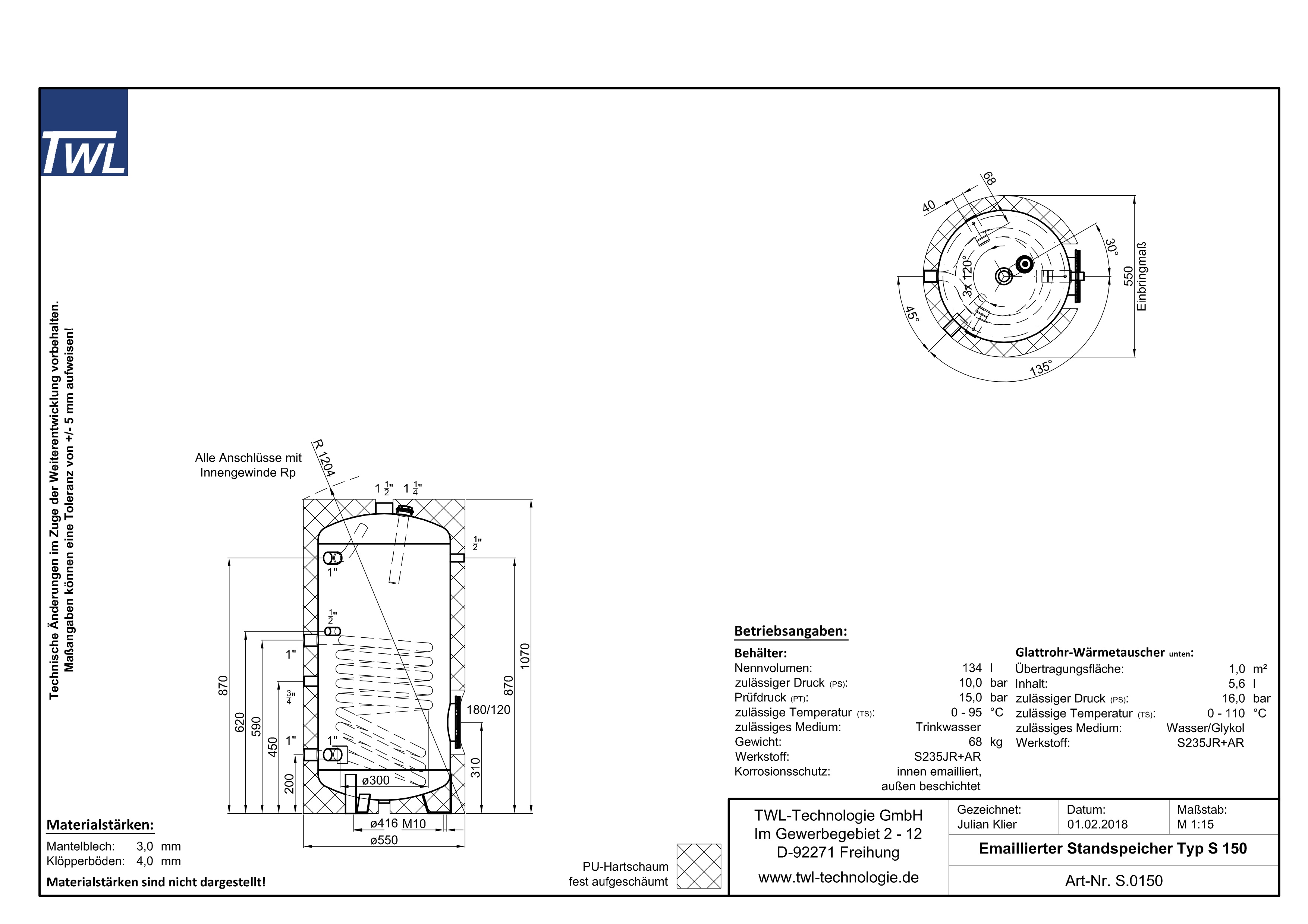 TWL Emaillierter Standspeicher 1x Wärmetauscher 150 Liter EEK-B Warmwasserspeicher