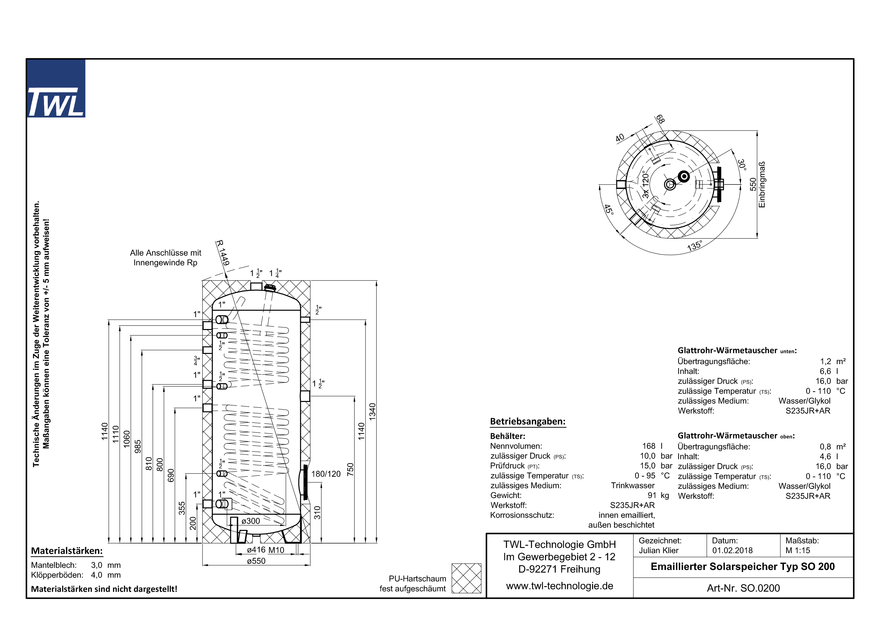 SO-0200-datenblatt TWL Brauchwasserspeicher 2x Wärmetauscher 200 Liter Trinkwasserspeicher EEK-B