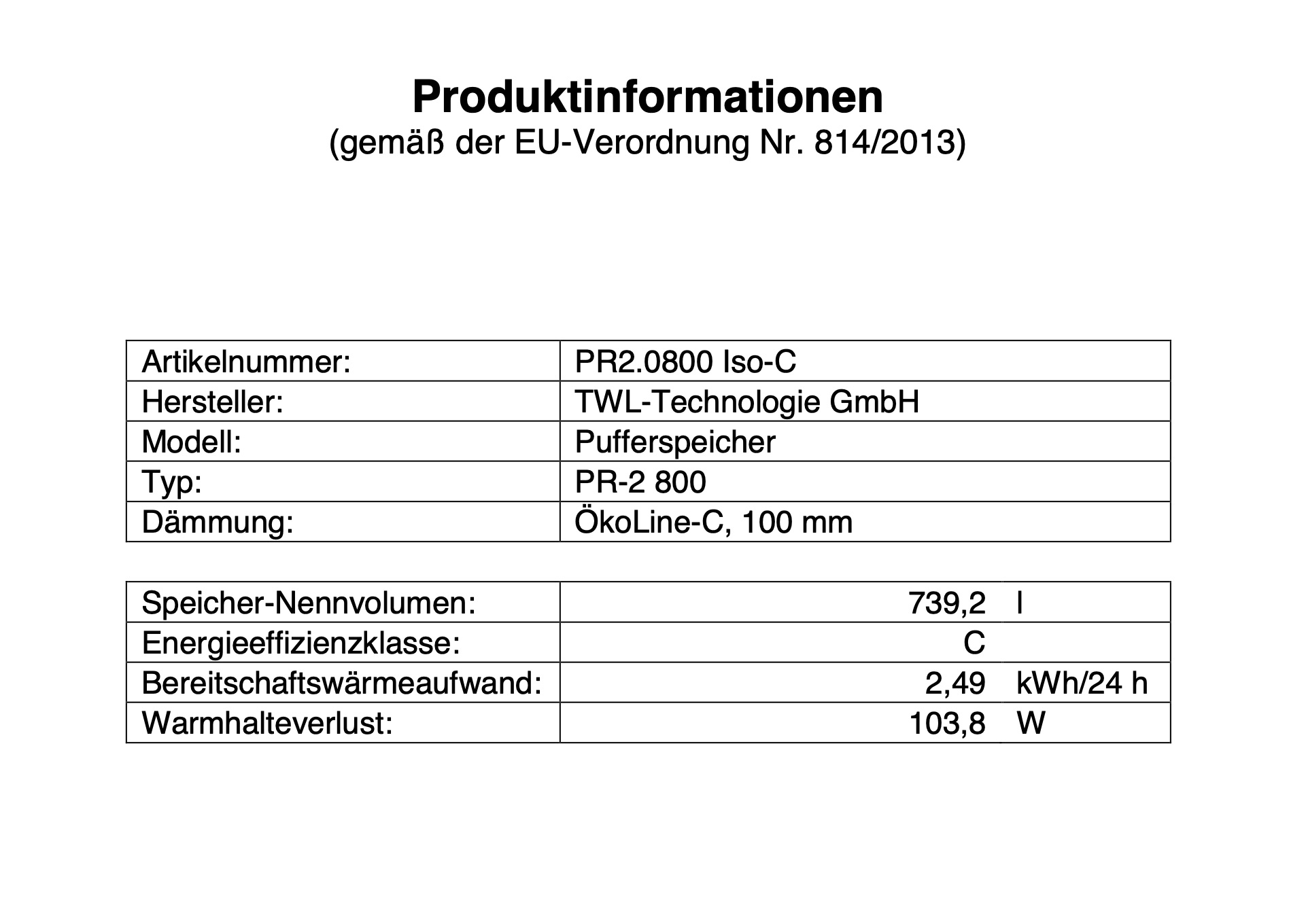 TWL Pufferspeicher PR2 800 Liter - ÖkoLine-C Isolierung