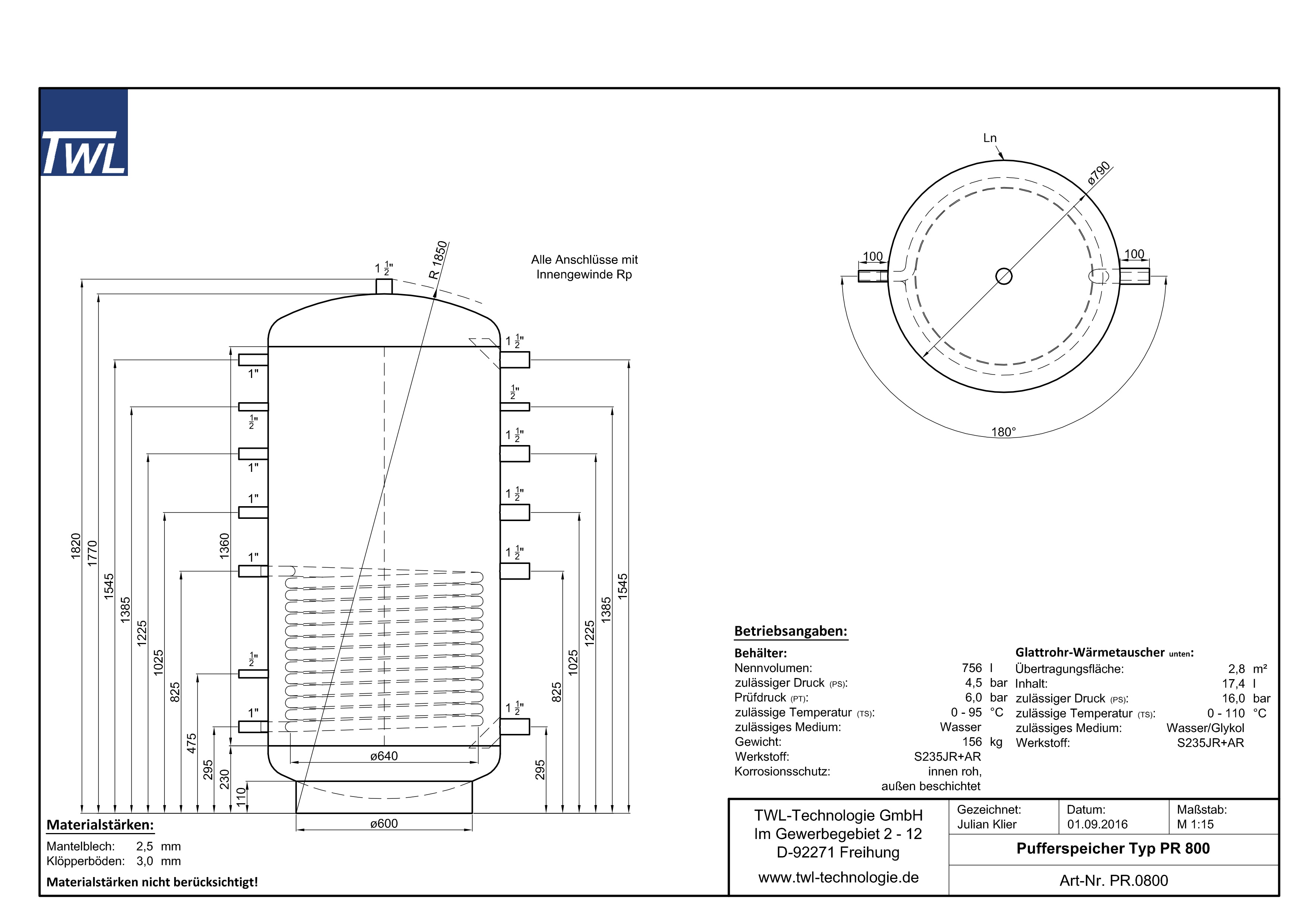 TWL Pufferspeicher PR 800 Liter - ÖkoLine-B Isolierung