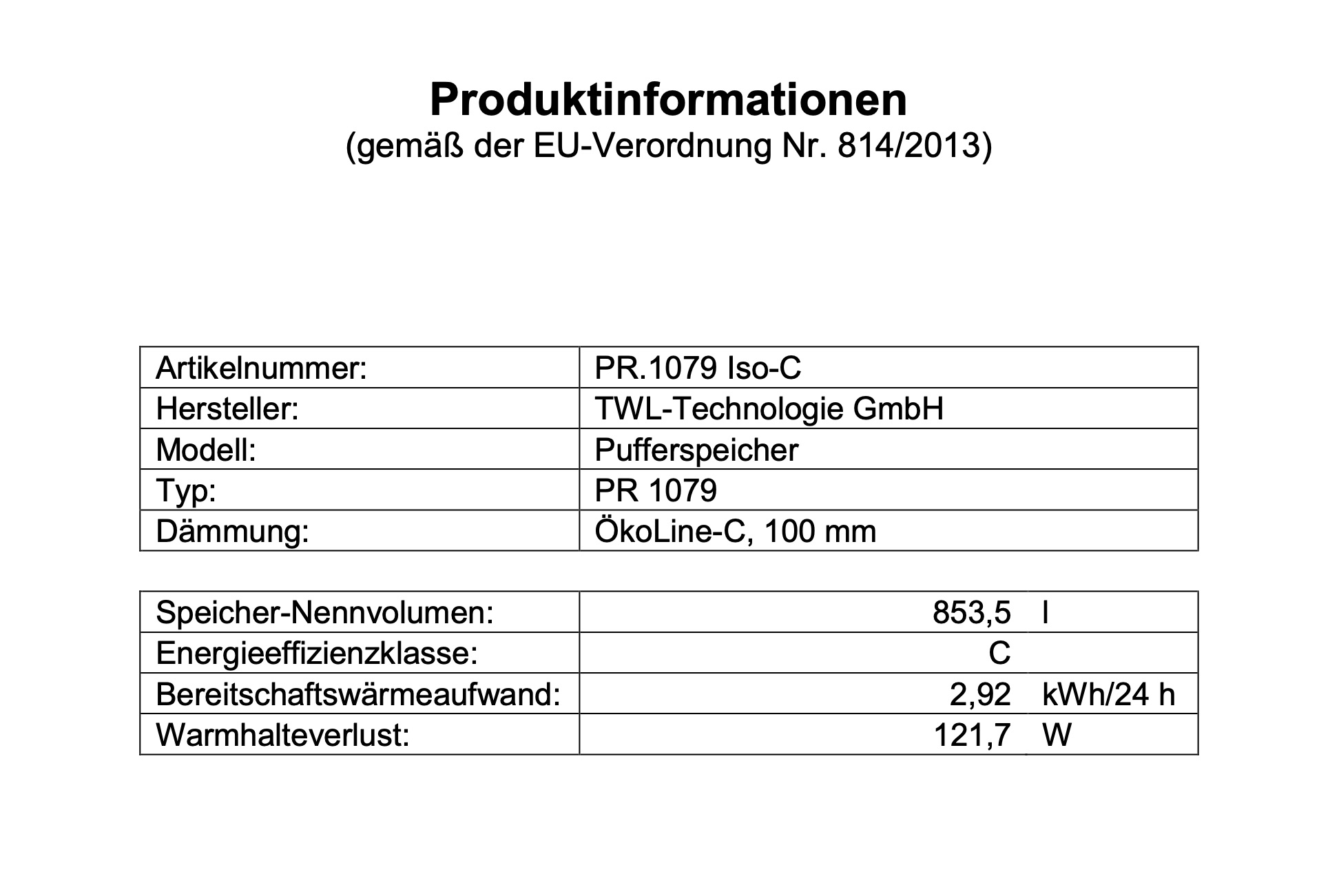 TWL Pufferspeicher PR 1000 Liter - ÖkoLine-C Isolierung - Ø 79cm