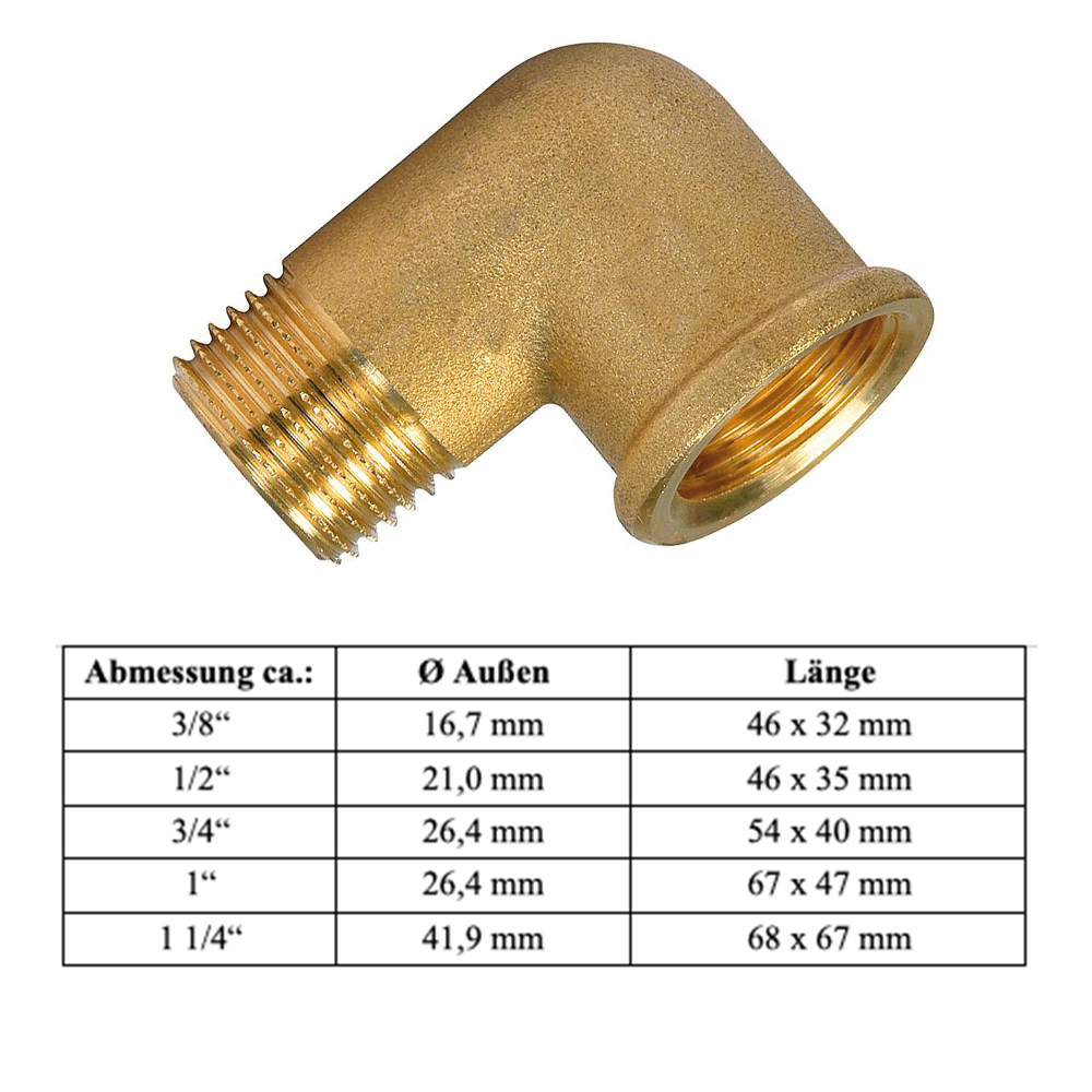90° Messing Winkel 3/8" - DN10 Innengewinde/Außengewinde 90° Messing Winkel 3/8" - DN10 Innengewinde/Außengewinde