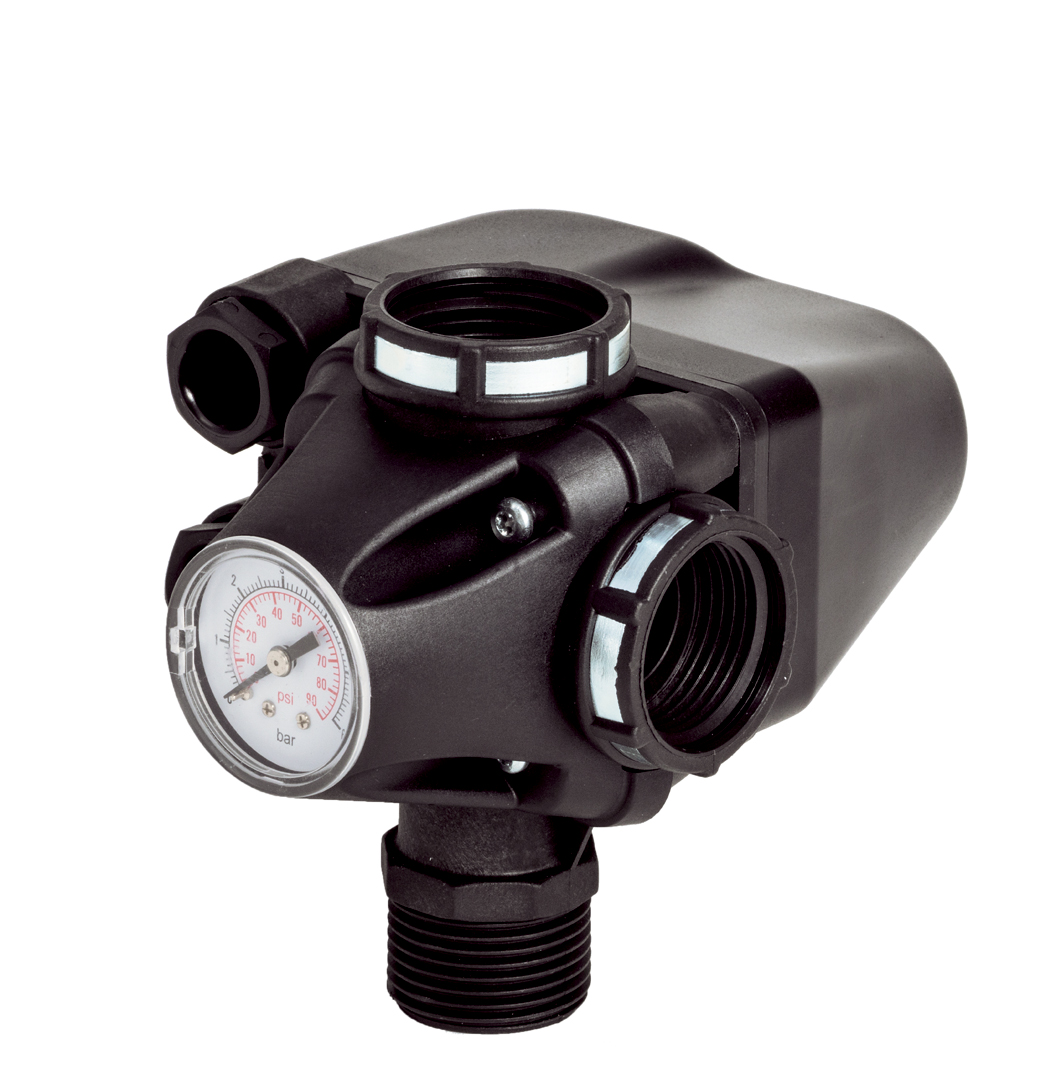 Mechanischer Druckschalter PM 5-3W – Druckschalter für Wasserpumpen mit integriertem Manometer und 3-Wege-Anschluss, 230V, 1-5 bar Mechanischer Druckschalter PM 5-3W – Druckschalter für Wasserpumpen mit integriertem Manometer und 3-Wege-Anschluss, 230V, 1-5 bar