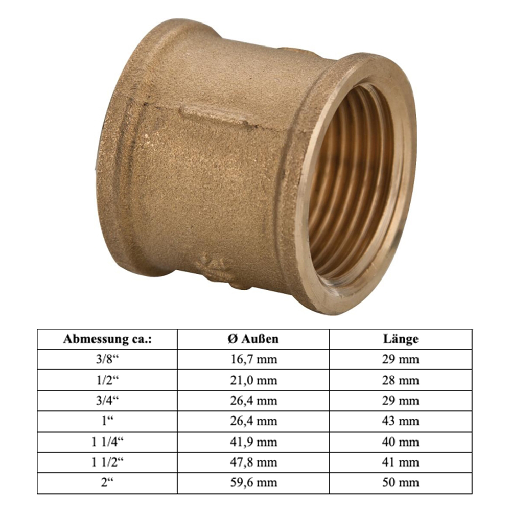 Messing Muffe 3/8" bis 2" - DN10 bis DN50 Innengewinde Gewindemuffe