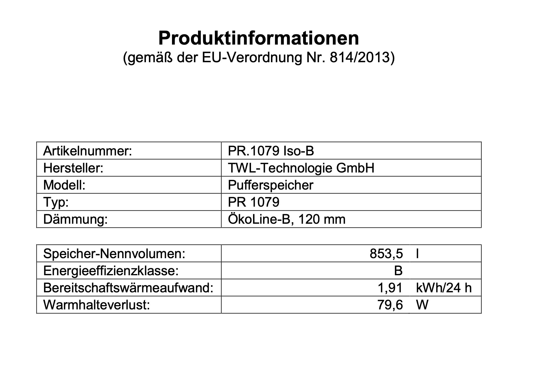 PR-1079-b-erp TWL Pufferspeicher PR 1000 Liter - ÖkoLine-B Isolierung - Ø 79cm