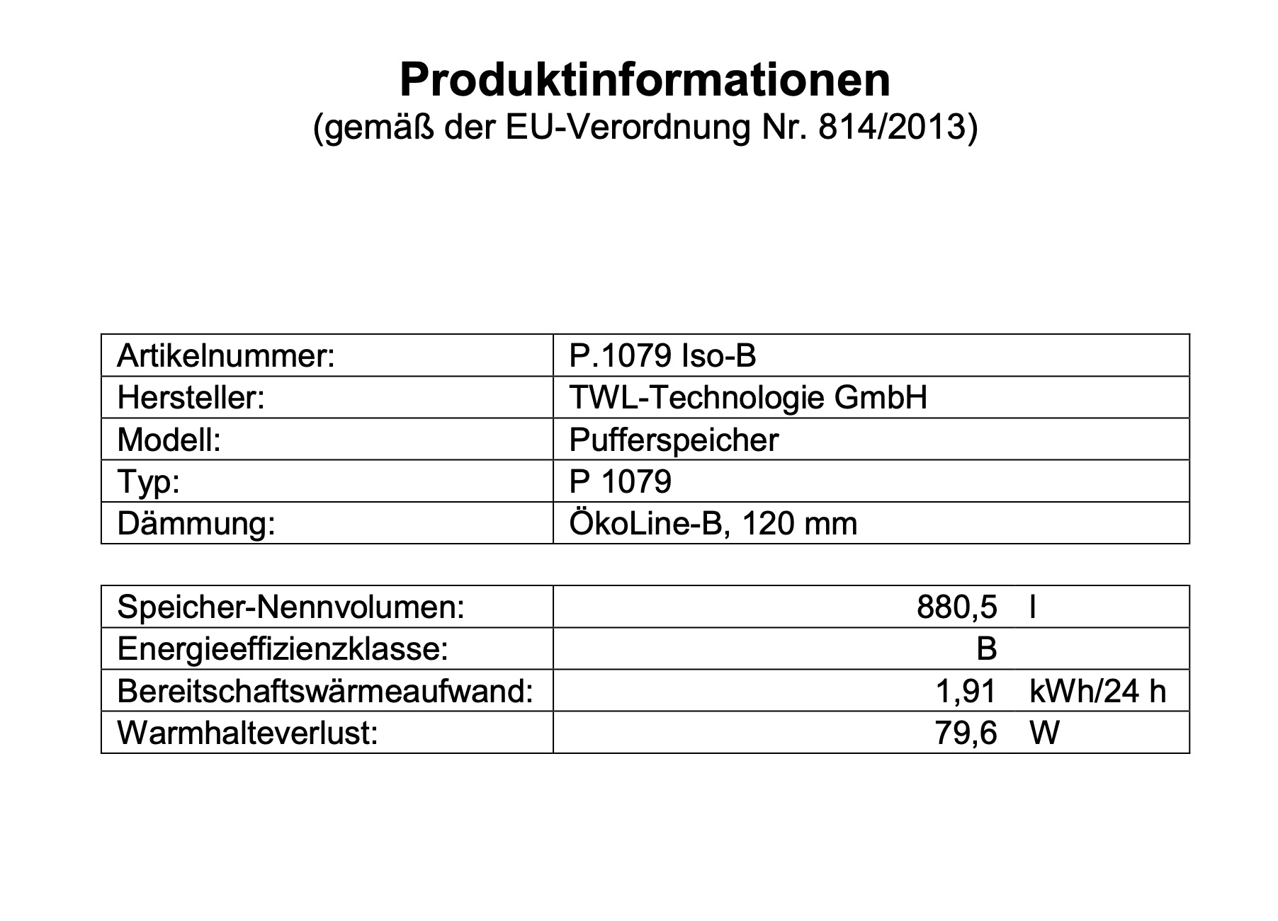 TWL Pufferspeicher P 1000 Liter - ÖkoLine-B Isolierung - Ø 79cm