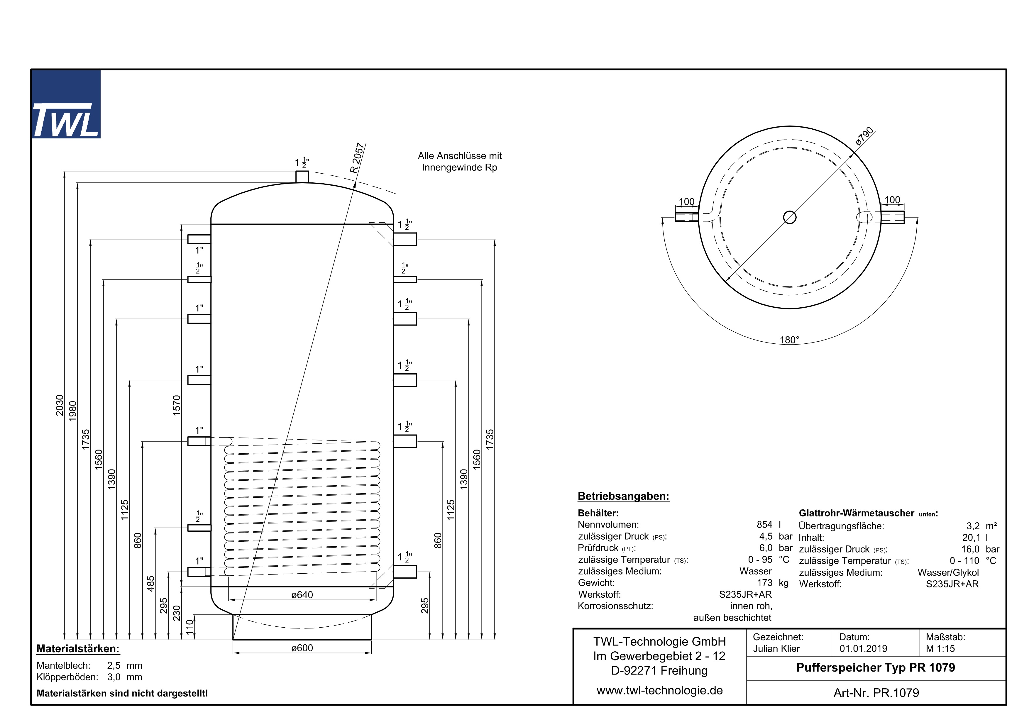 TWL Pufferspeicher PR 1000 Liter - ÖkoLine-B Isolierung - Ø 79cm