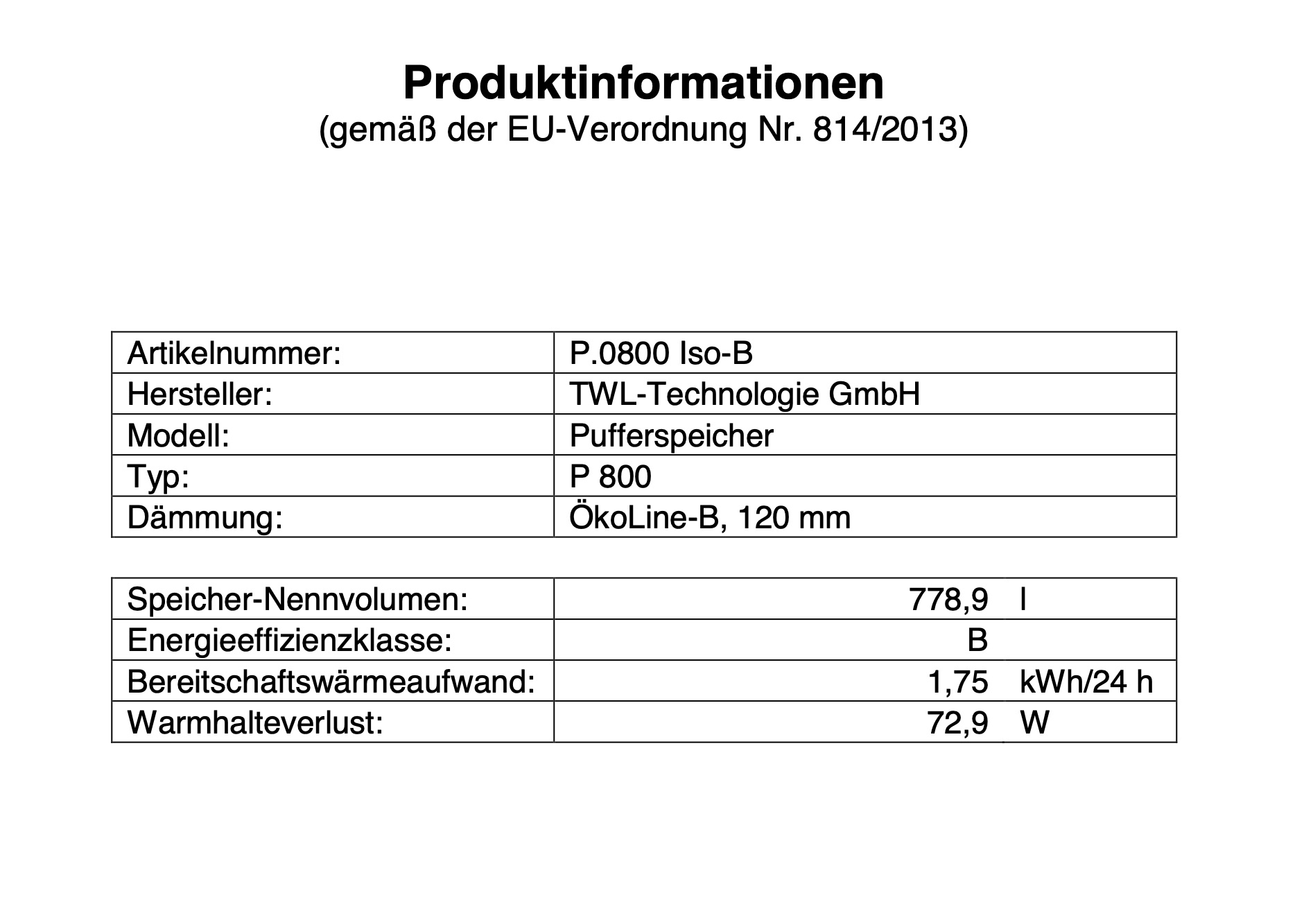 TWL Pufferspeicher P 800 Liter - ÖkoLine-B Isolierung