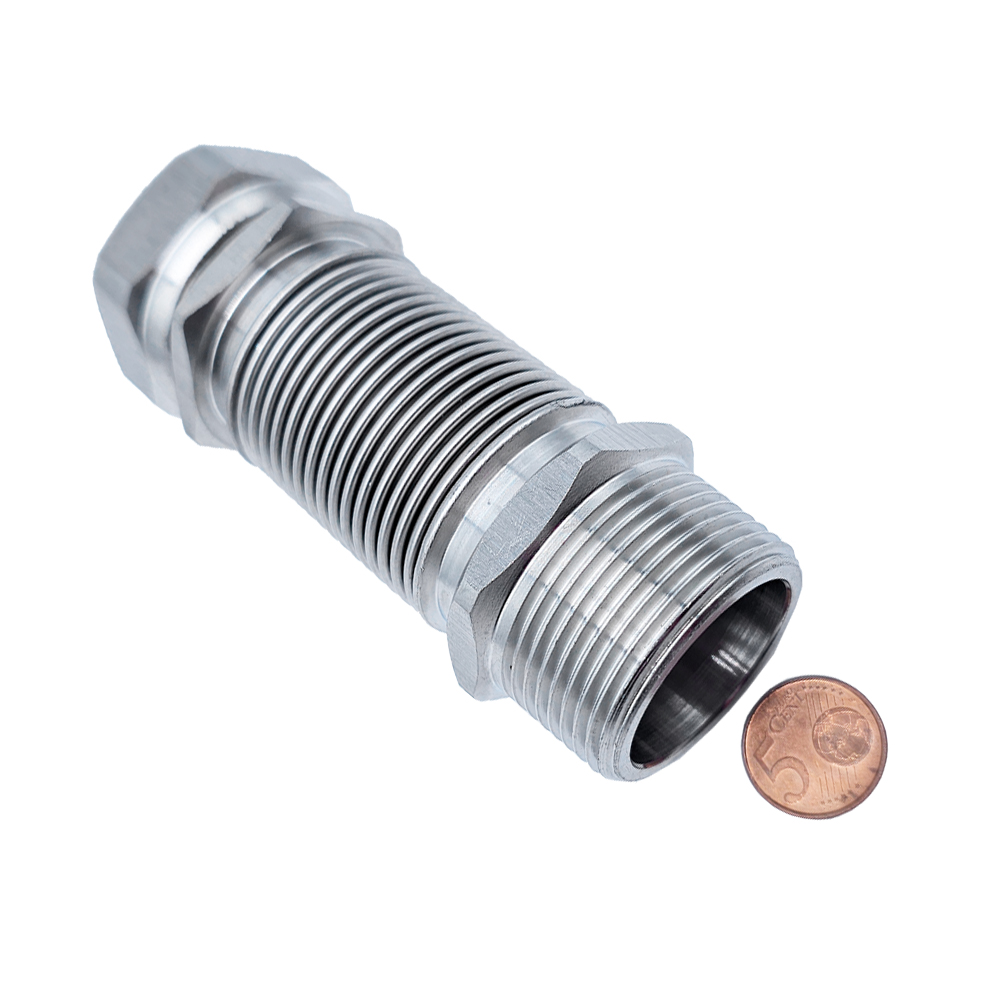 Edelstahlwellrohr 1 1/4" IG/AG – ausziehbar 200–410 mm – Edelstahl AISI 316L – formstabil, flexibel, inkl. Dichtungen – für Heizung, Solar, Industrie