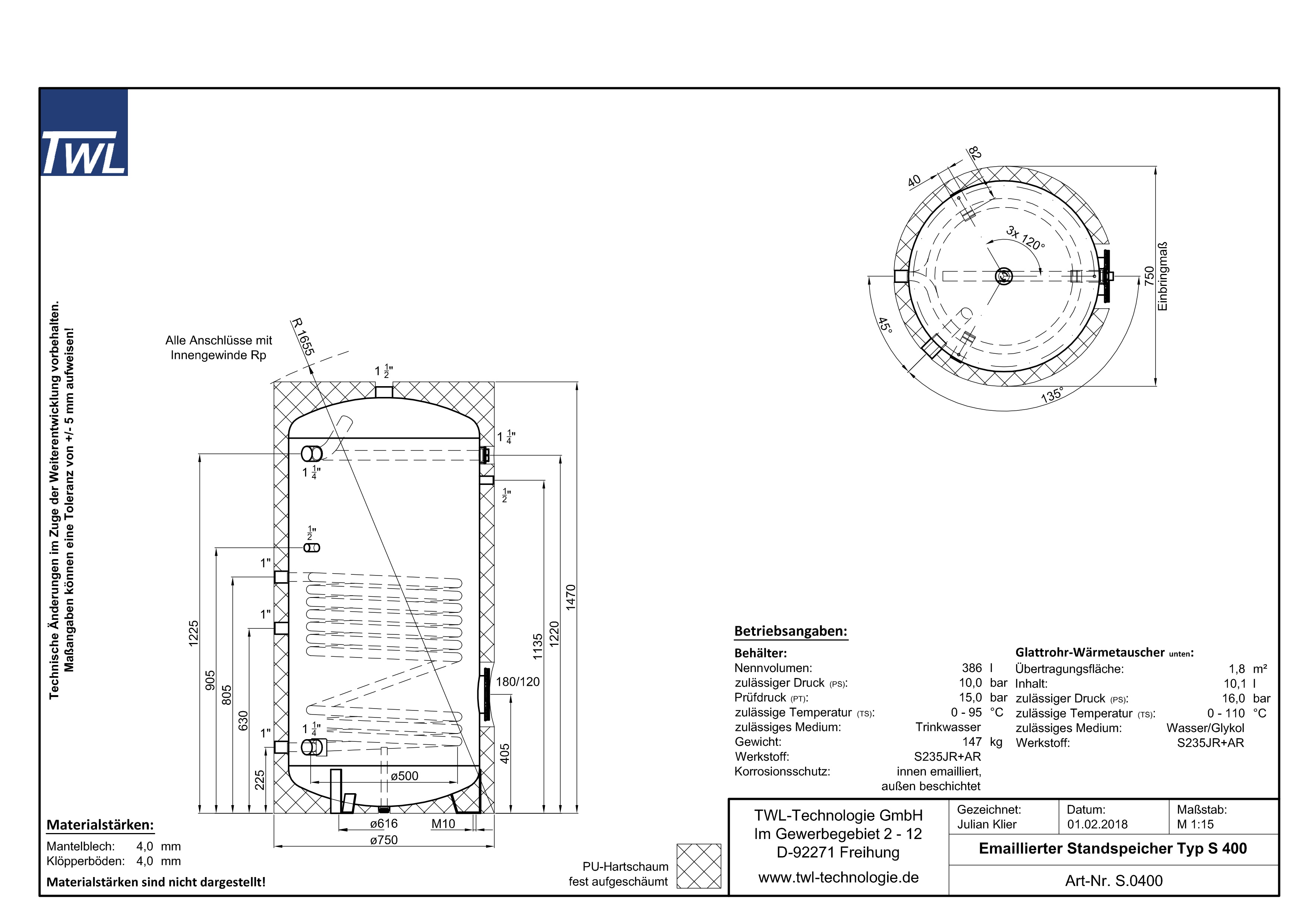 S-0400-datenblatt TWL Emaillierter Standspeicher 1x Wärmetauscher 400 Liter EEK-C Warmwasserspeicher