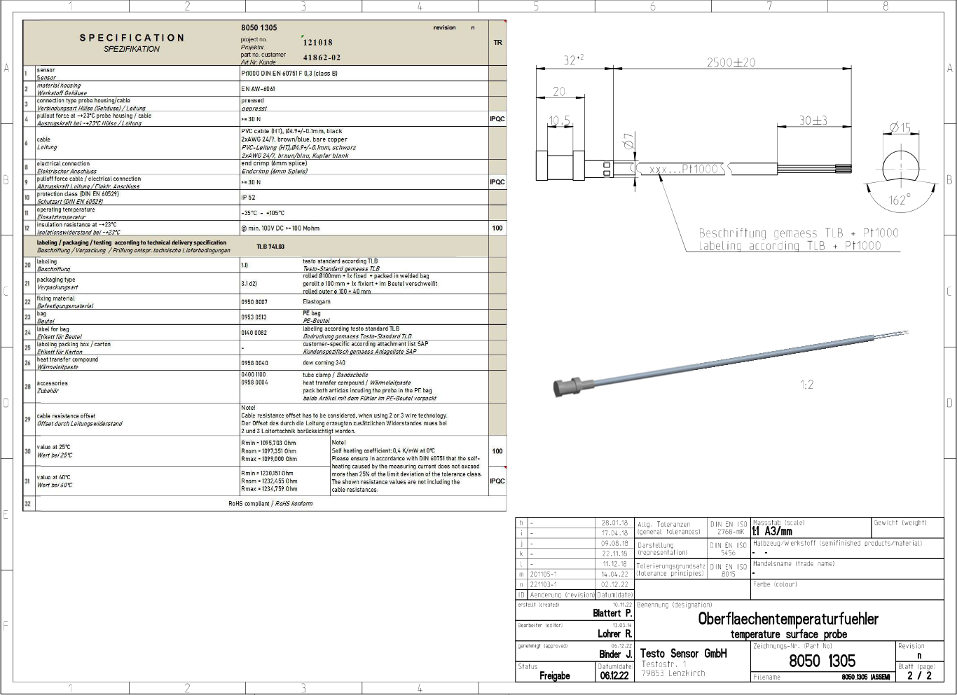 Rohranlegefühler PT1000 mit Aluminium-Prisma, 2,5 m Silikonleitung