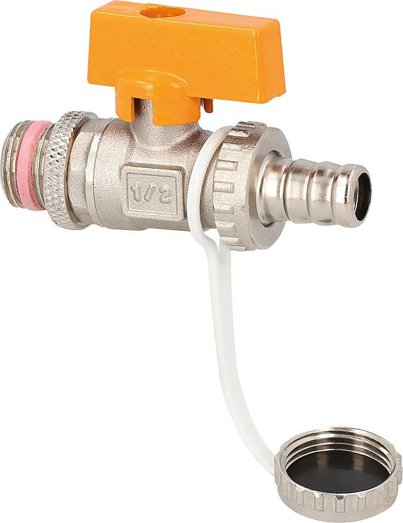 9703213_hauptbild Solar KFE-Kugelhahn DN15 (1/2") – selbstdichtend mit PTFE, Messing vernickelt, Flügelgriff, Schlauchtülle und Schraubkappe, für Solaranlagen, Betriebsdruck 20 bar, bis 200°C