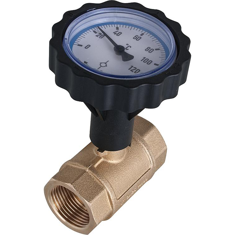 9701866-01 Solarkugelhahn 3/4" IG mit Schwerkraftbremse Thermometergriff blau