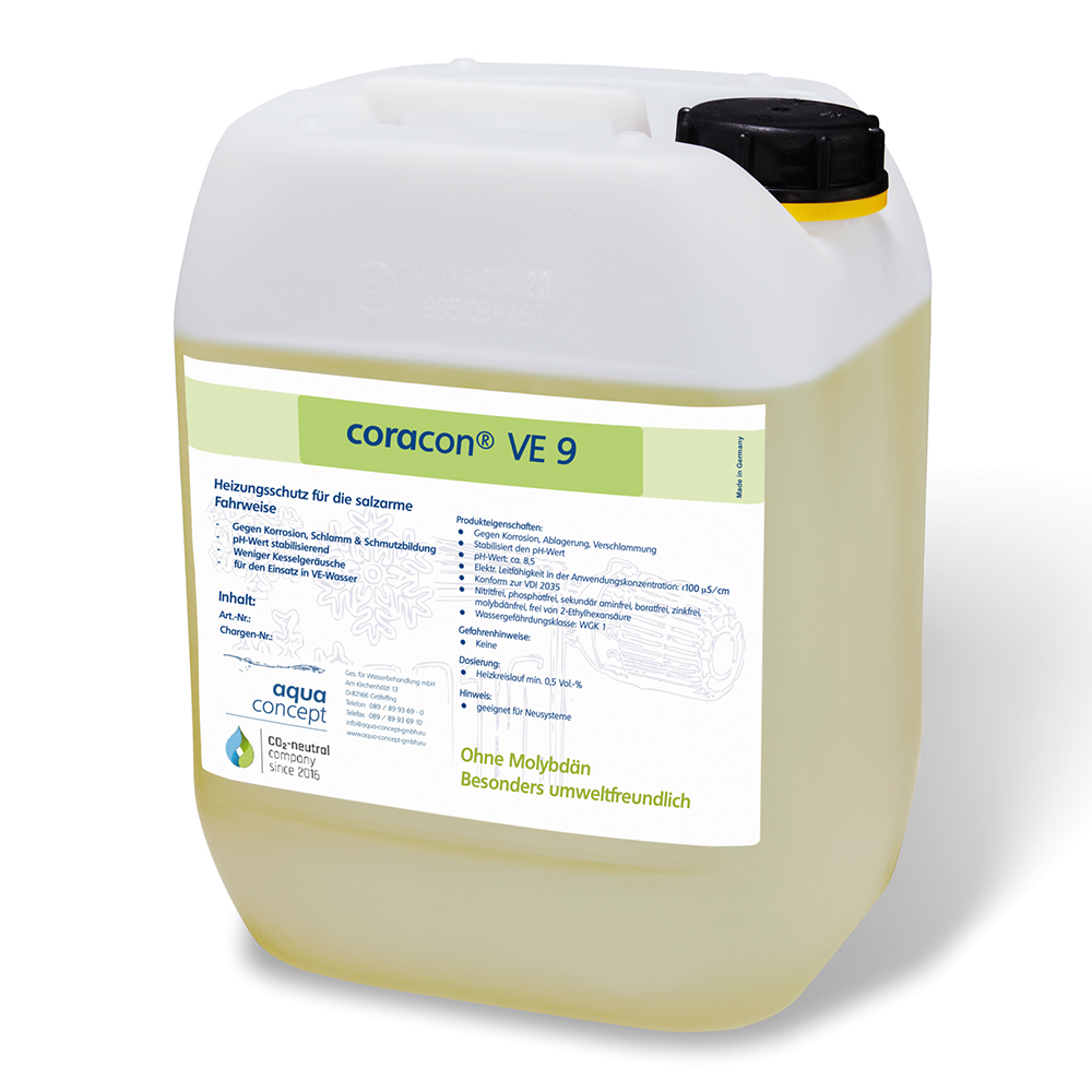 10 Liter coracon® VE 9 Heizungsschutz Konzentrat – CO₂-neutrales Korrosionsschutzmittel für salzarme Fahrweise, pH-Stabilisierung, Leitwertoptimierung & Schutz aller Metallarten
